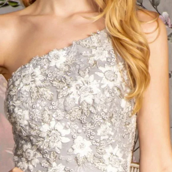 NEW LONG A-LINE SLEEVELESS MESH BEADED DRESS WITH ONE SHOULDER NECKLINE GL3384